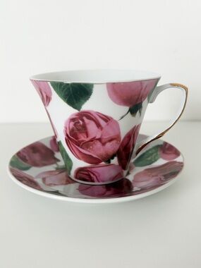 Vintage Floral Bone China Tea Cup & Saucer Set - Pink Peonies